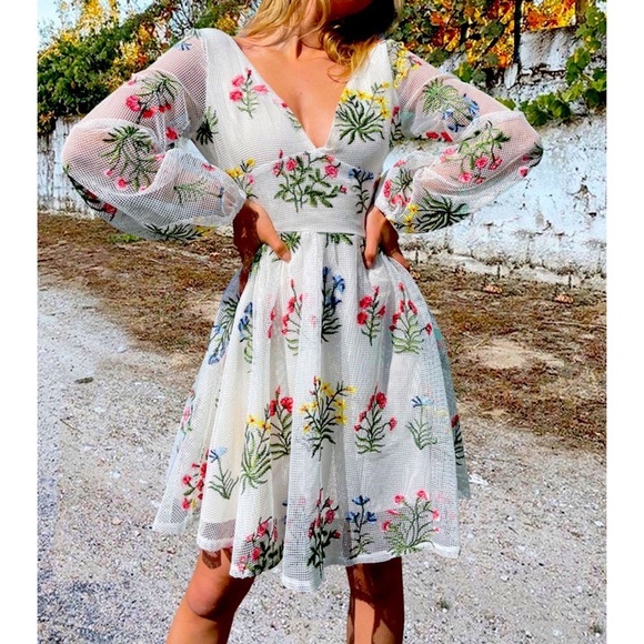 New A line Mesh Embroidered Puff Sleeve Dress - Picture 2 of 5